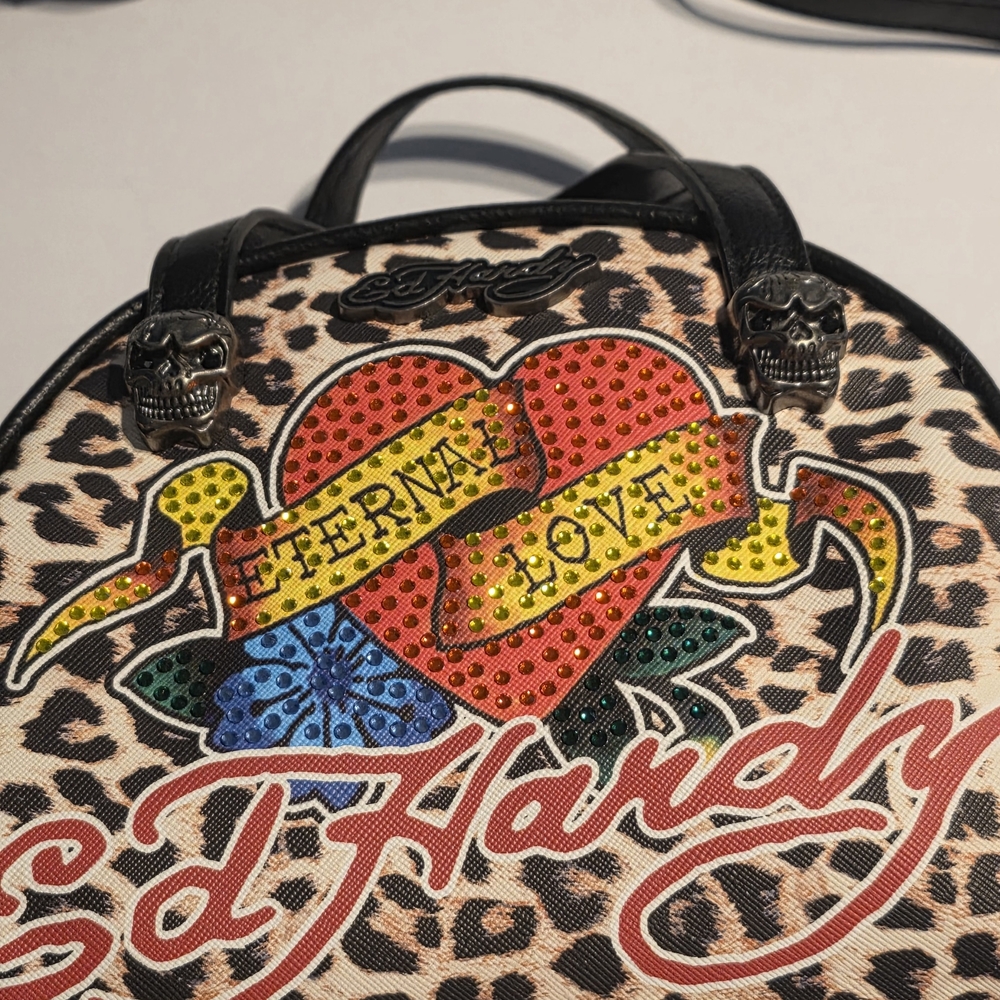 Ed Hardy Tattoo Cheetah Print Handbag Eternal Love Bag Vegan Material Skulls NWT - Picture 4 of 15